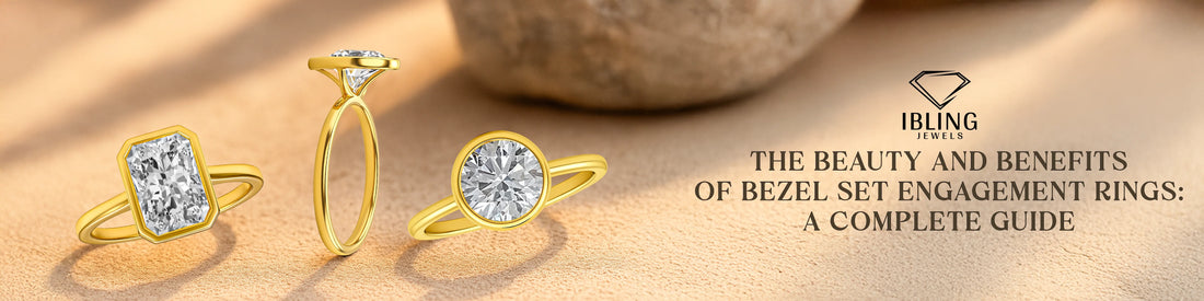 Ibling Jewels banner showing bezel set engagement rings with emerald and round diamonds.