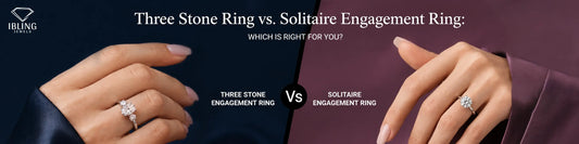 Three stone ring vs. solitaire engagement ring comparison featuring hand wearing an oval three stone engagement ring next to a hand wearing a round solitaire ring.