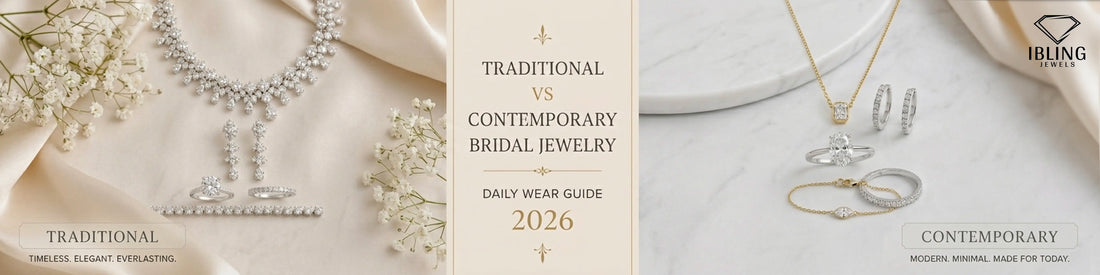 Traditional jewelry featuring diamond necklace set, solitaire diamond ring and tennis bracelet and contemporary jewelry featuring emerald diamond pendant, oval solitaire ring, wedding band and chain bracelet.