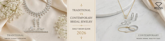 Traditional jewelry featuring diamond necklace set, solitaire diamond ring and tennis bracelet and contemporary jewelry featuring emerald diamond pendant, oval solitaire ring, wedding band and chain bracelet.