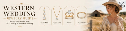 Western wedding jewelry guide featuring a bride in a cowboy hat wearing diamond earrings, necklace, rings and bracelet for a country wedding.