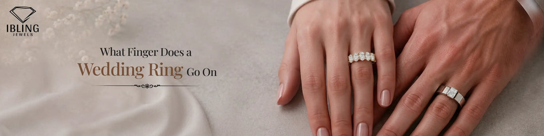 Image of what finger a wedding ring goes on showing woman's hand with an oval diamond wedding band and a man's hand with a wide white gold diamond ring.