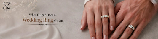 Image of what finger a wedding ring goes on showing woman's hand with an oval diamond wedding band and a man's hand with a wide white gold diamond ring.