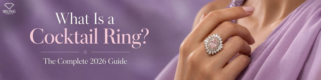 Image showing a woman wearing an oval pink diamond sunburst cluster cocktail ring to explain What Is a Cocktail Ring.