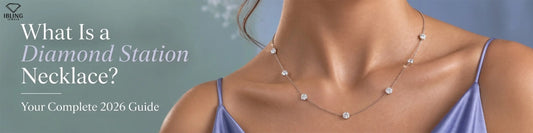 Educational buying guide for diamond station necklaces featuring a white gold round diamond station chain by Ibling Jewels.