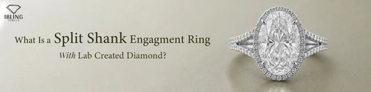 A split shank oval diamond engagement ring with a halo setting against a neutral background.