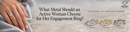 Best engagement ring metals for active women including round diamond ring in platinum, 14K gold and titanium.