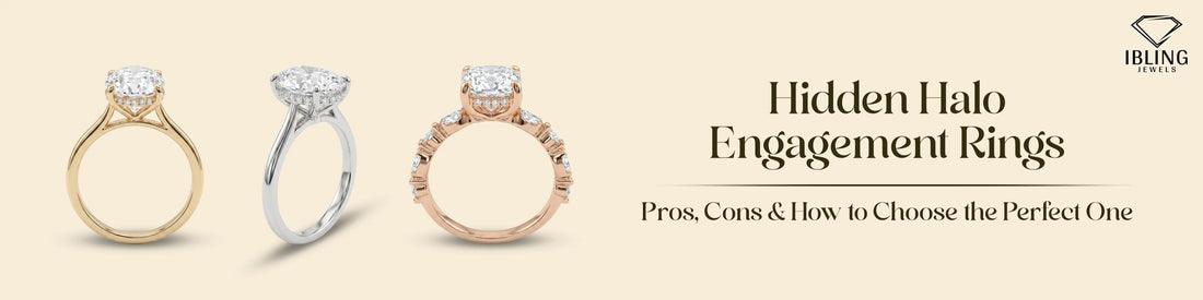 Hidden halo engagement rings in yellow gold, white gold and rose gold featuring IGI certified lab grown diamonds.