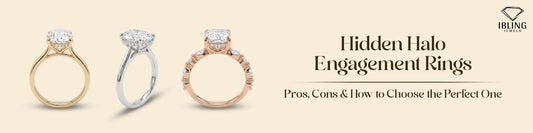 Hidden halo engagement rings in yellow gold, white gold and rose gold featuring IGI certified lab grown diamonds.