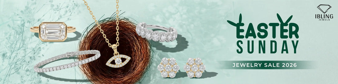 Easter Sunday jewelry sale 2026 at iBling Jewels with lab grown diamond ring, tennis bracelet, pendant necklace and diamond studs