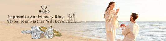 Romantic beach proposal scene with Hidden Halo and Pear Cut Solitaire diamond anniversary rings.