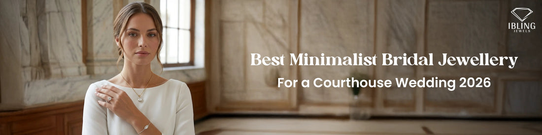 Minimalist bridal jewellery for courthouse wedding featuring diamond necklace, stud earrings and simple engagement ring