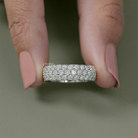 Three Row Pave Diamond Eternity Wedding Band