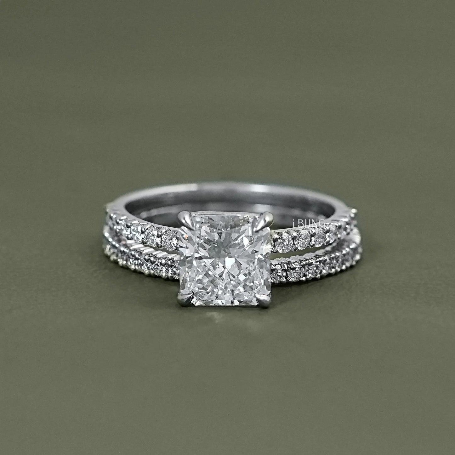 Square Radiant Cut Dimond Accent Engagement Ring Set Bridal Ring Set