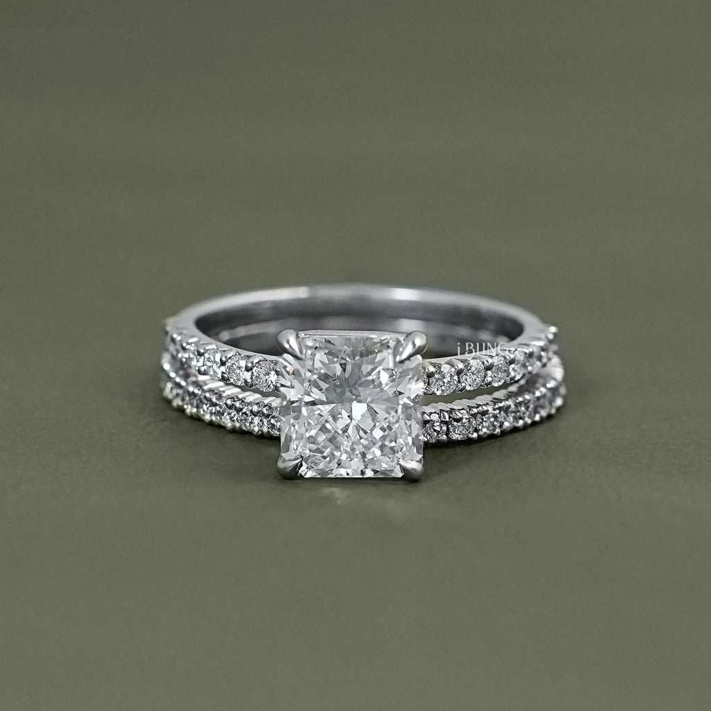 Square Radiant Cut Dimond Accent Engagement Ring Set