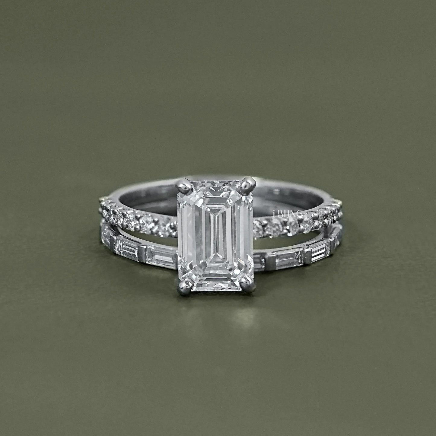 Emerald Shape Accent Diamond Bridal Ring For Wedding Bridal Ring Set