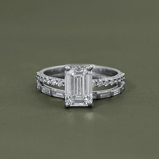 Emerald Shape Accent Diamond Bridal Ring For Wedding