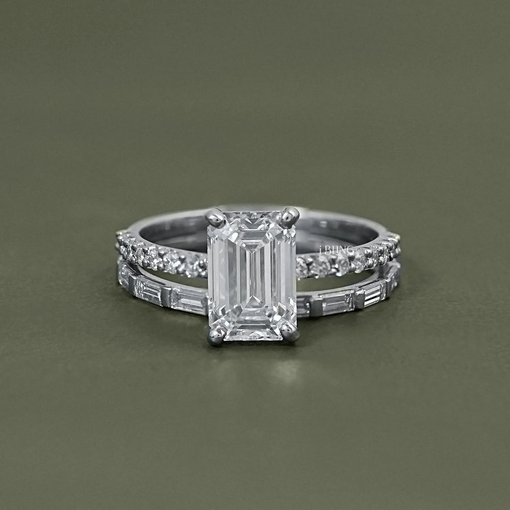 Emerald Shape Accent Diamond Bridal Ring For Wedding
