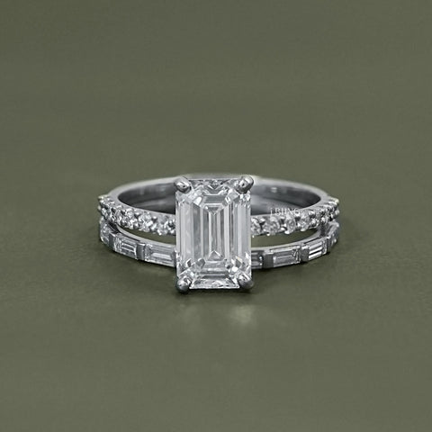 Emerald Shape Accent Diamond Bridal Ring For Wedding