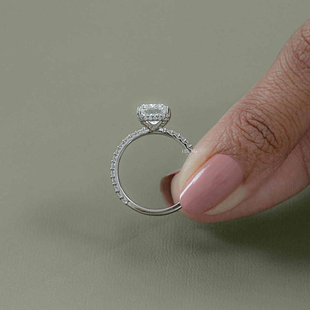 Cushion Cut Lab Diamond Solitaire Hidden Halo Ring