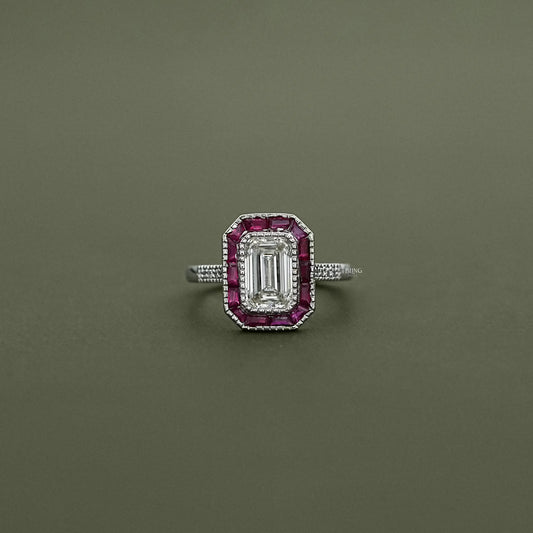 Ruby Tapered Baguette Halo Gemstone Engagement Ring