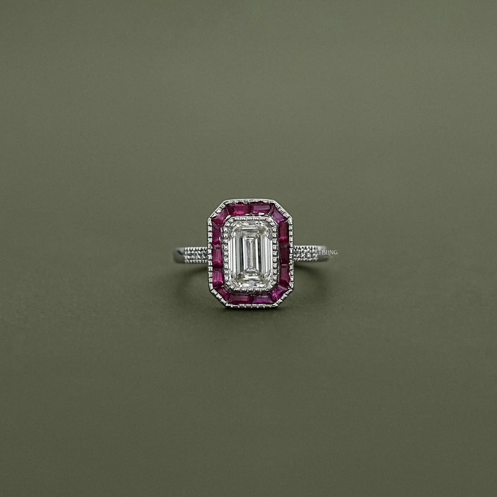 Ruby Tapered Baguette Halo Gemstone Engagement Ring
