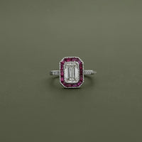 Ruby Tapered Baguette Halo Gemstone Engagement Ring