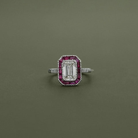 Ruby Tapered Baguette Halo Gemstone Engagement Ring