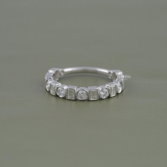 Round & Baguette Diamond Bezel Set Alternative Band Half Eternity