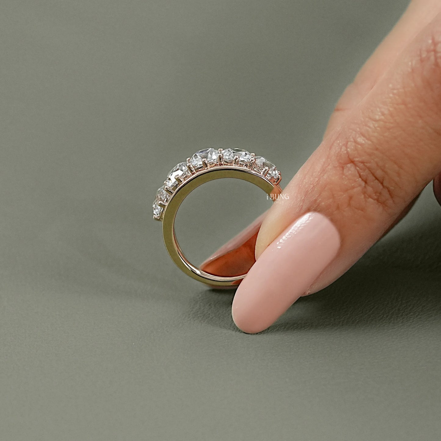 Old Mine Cushion Diamond Split Shank Five Stone Band