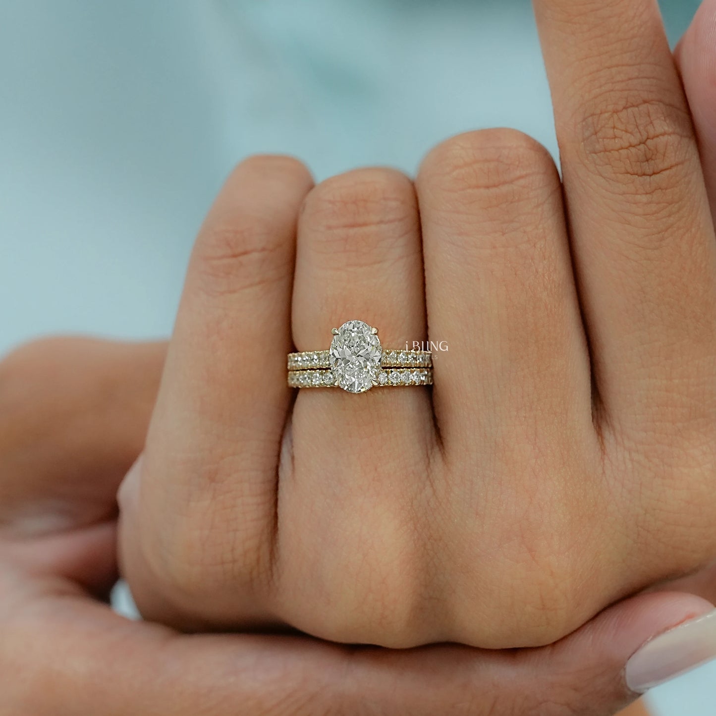 Oval Cut Lab Diamond Solitaire Accent Bridal Ring Set Bridal Ring Set