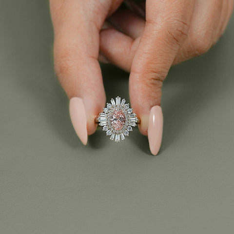 Pink Oval Cut Cluster Set Halo Engagement Ring