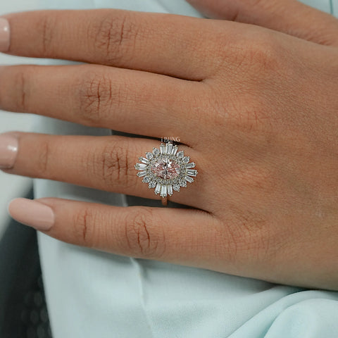 Pink Oval Cut Cluster Set Halo Engagement Ring