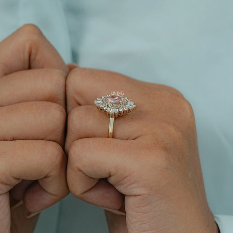 Pink Oval Cut Cluster Set Halo Engagement Ring