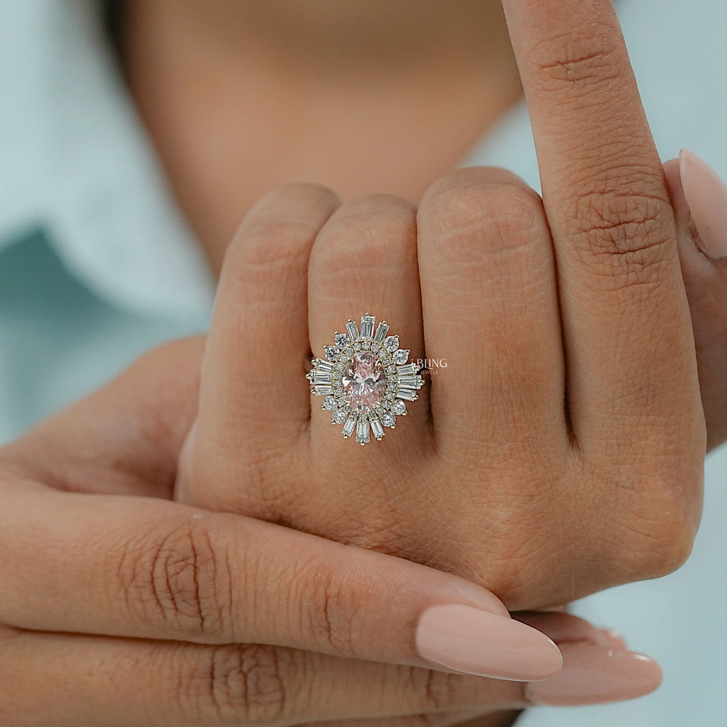 Pink Oval Cut Cluster Set Halo Engagement Ring