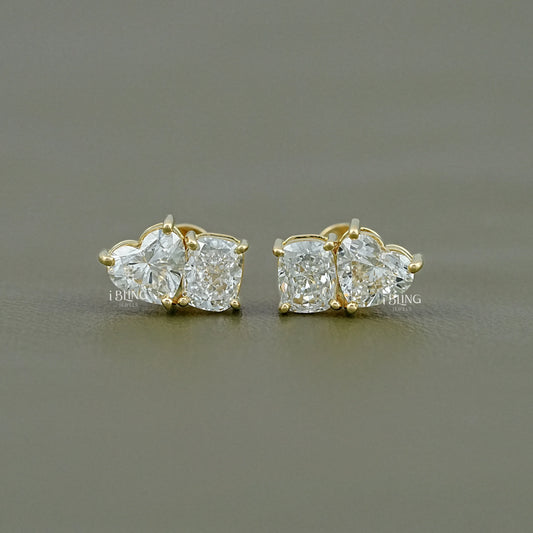 Cushion And Heart Cut Diamond Toi Et Moi Stud Earring Two Stone Ring