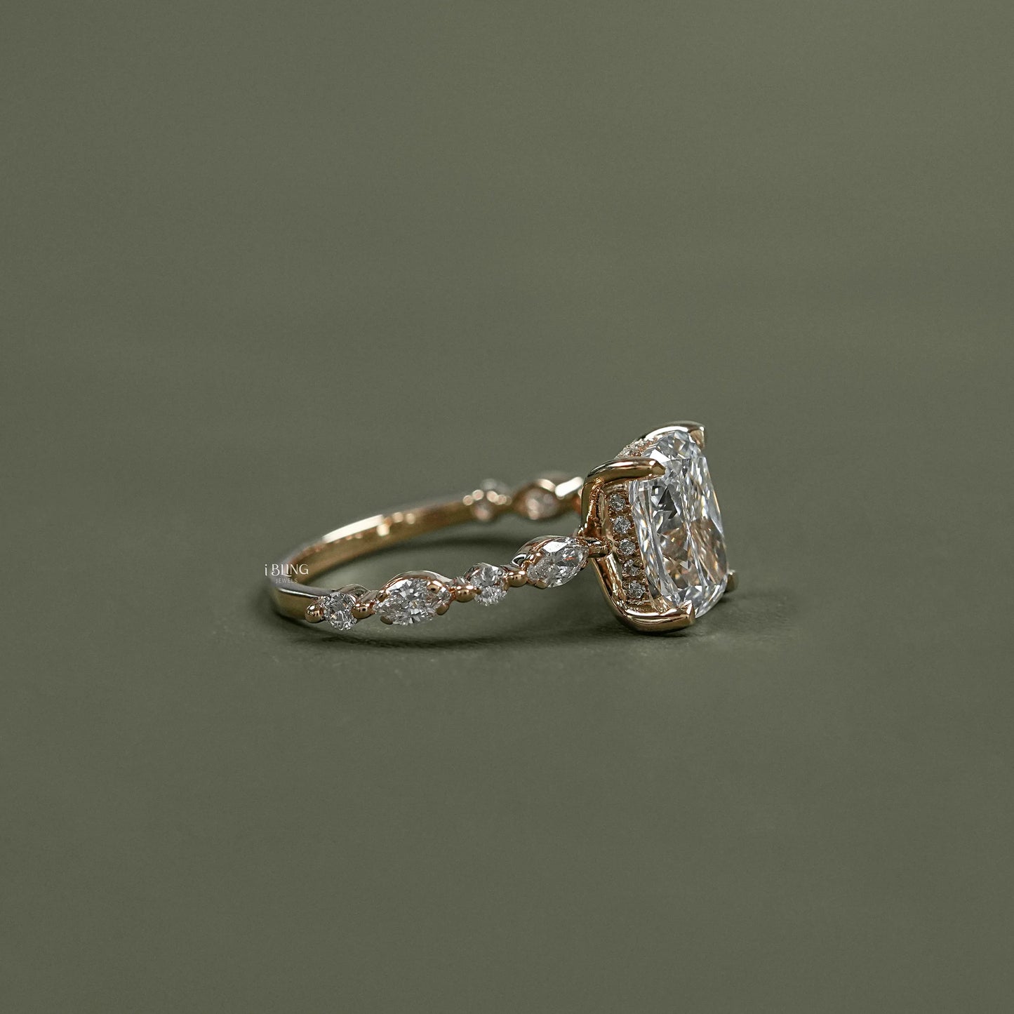 side view Cushion Halo Diamond Ring featuring Hidden Accent design, elegant bridal jewelry choice