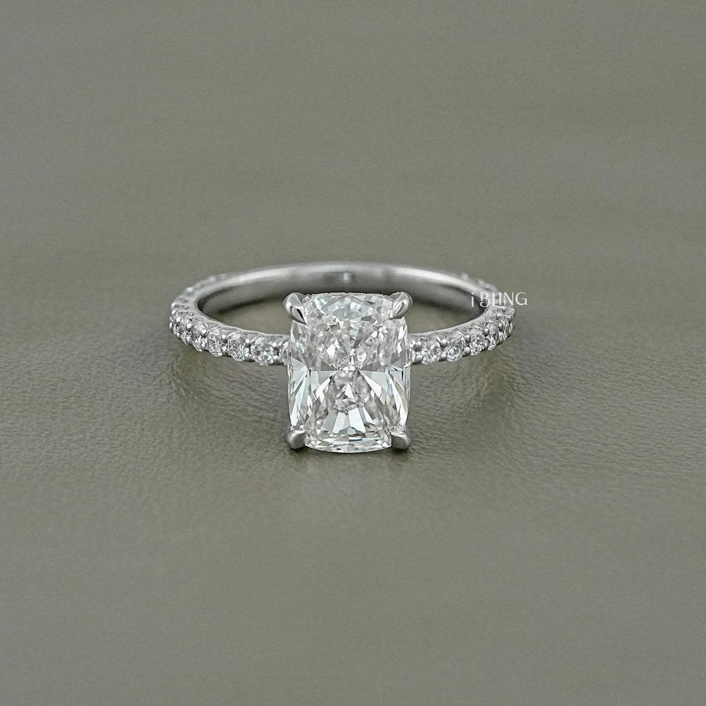 Cushion Cut Lab Diamond Solitaire Hidden Halo Ring