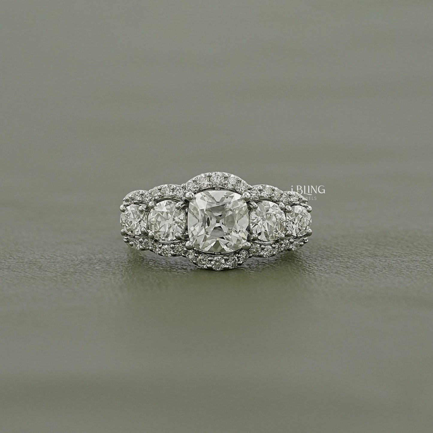 Cushion Cut Lab Grown Halo Diamond Five Stone Ring