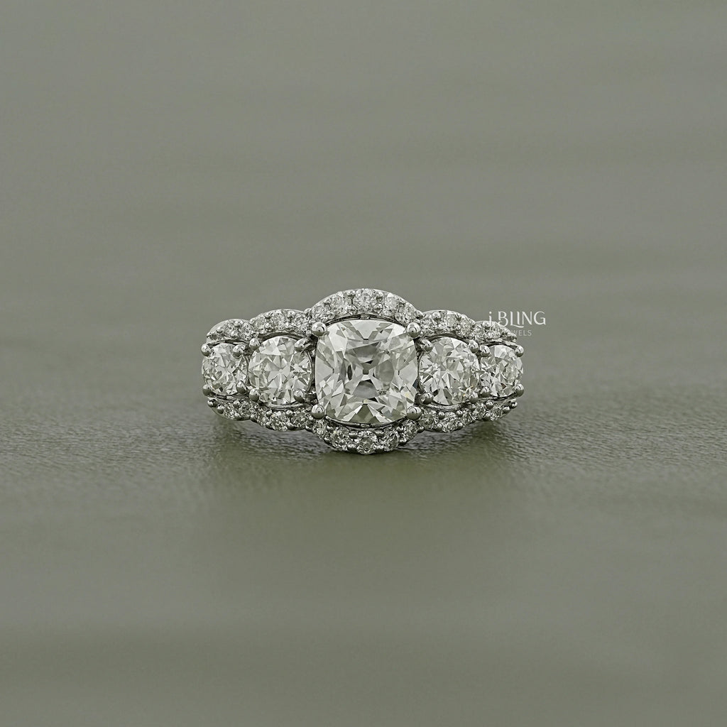 Cushion Cut Lab Grown Halo Diamond Five Stone Ring