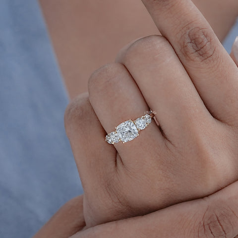 Cushion Cut Five Stone Lab Diamond Engagement Ring