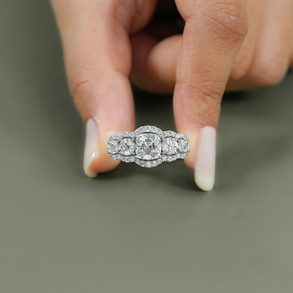 Cushion Cut Lab Grown Halo Diamond Five Stone Ring