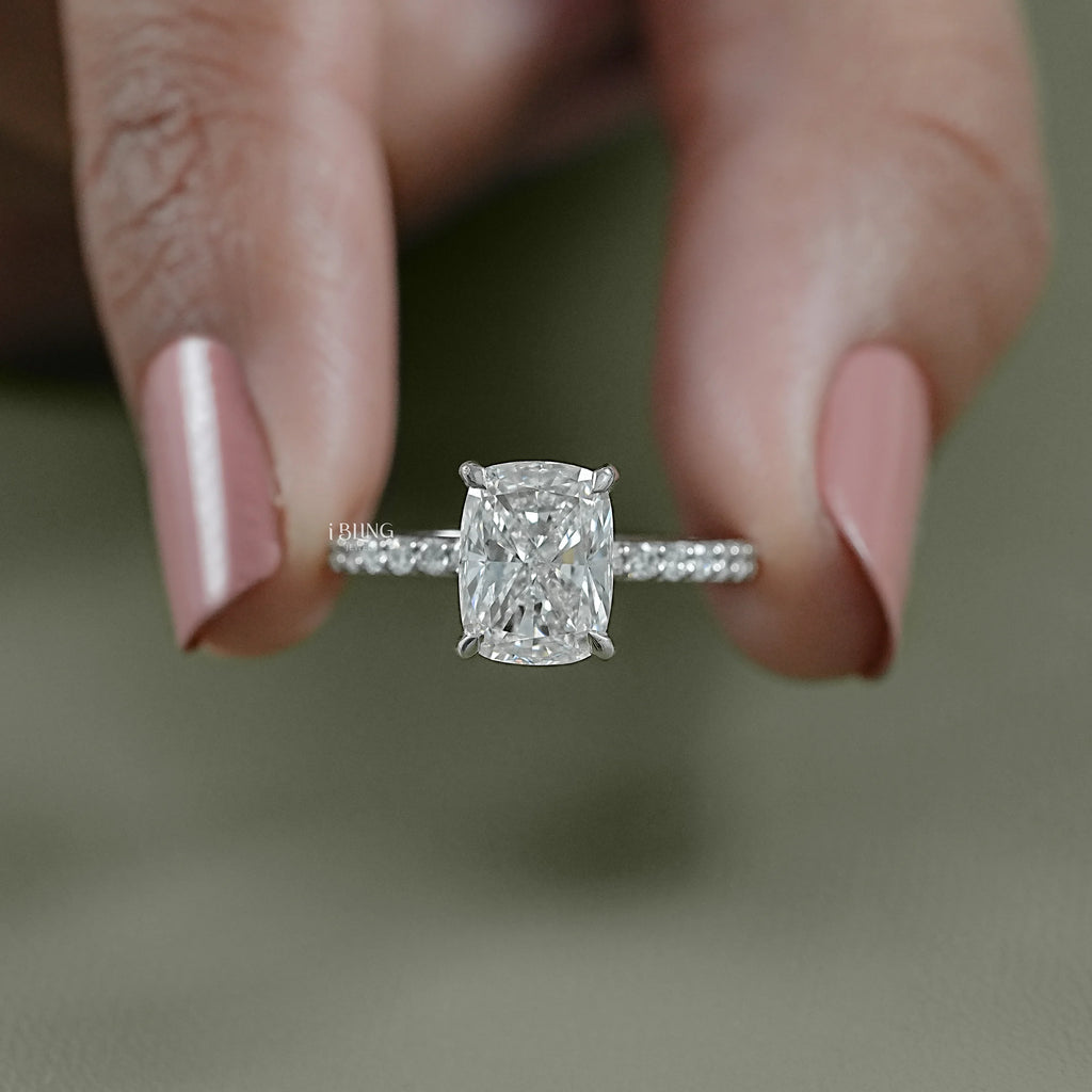 Cushion Cut Lab Diamond Solitaire Hidden Halo Ring