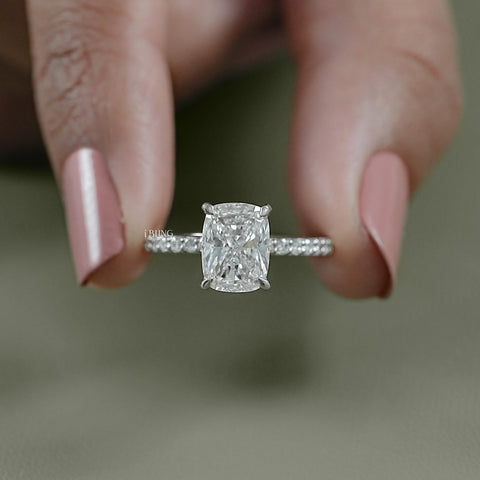 Cushion Cut Lab Diamond Solitaire Hidden Halo Ring