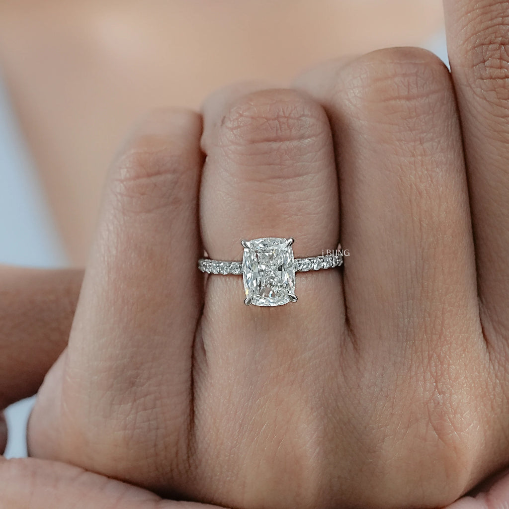 Cushion Cut Lab Diamond Solitaire Hidden Halo Ring