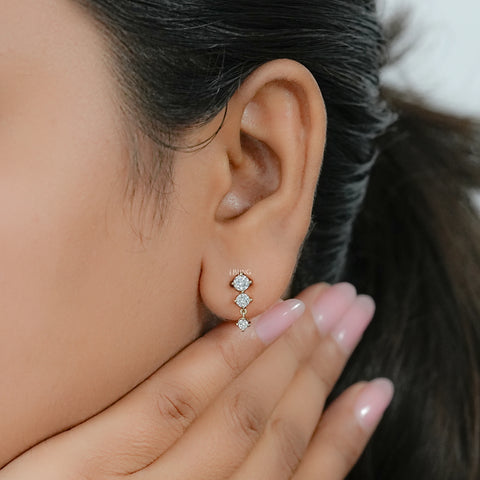 Round Cut Lab Diamond Three Stone Dangle Drop Earring