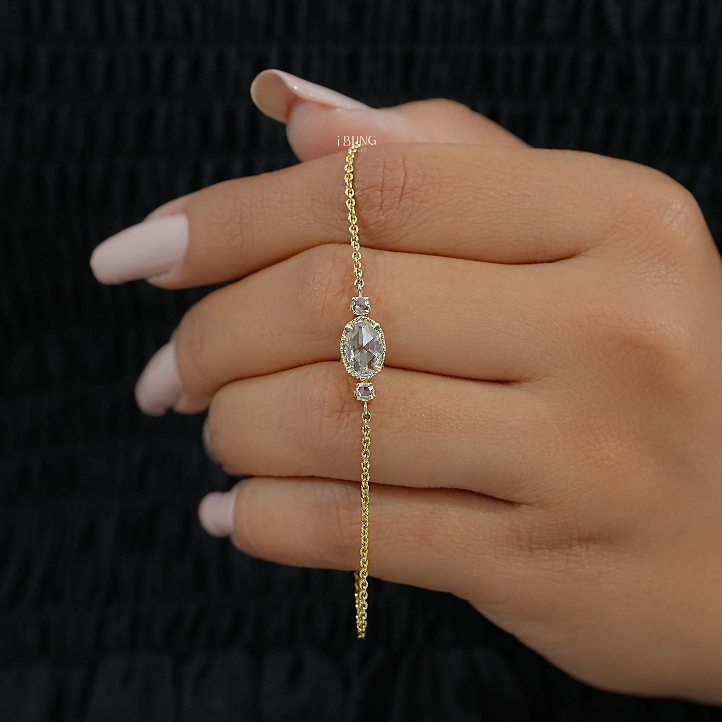 Three Stone Rose Cut Oval Diamond Bracelet Chain Bracelet