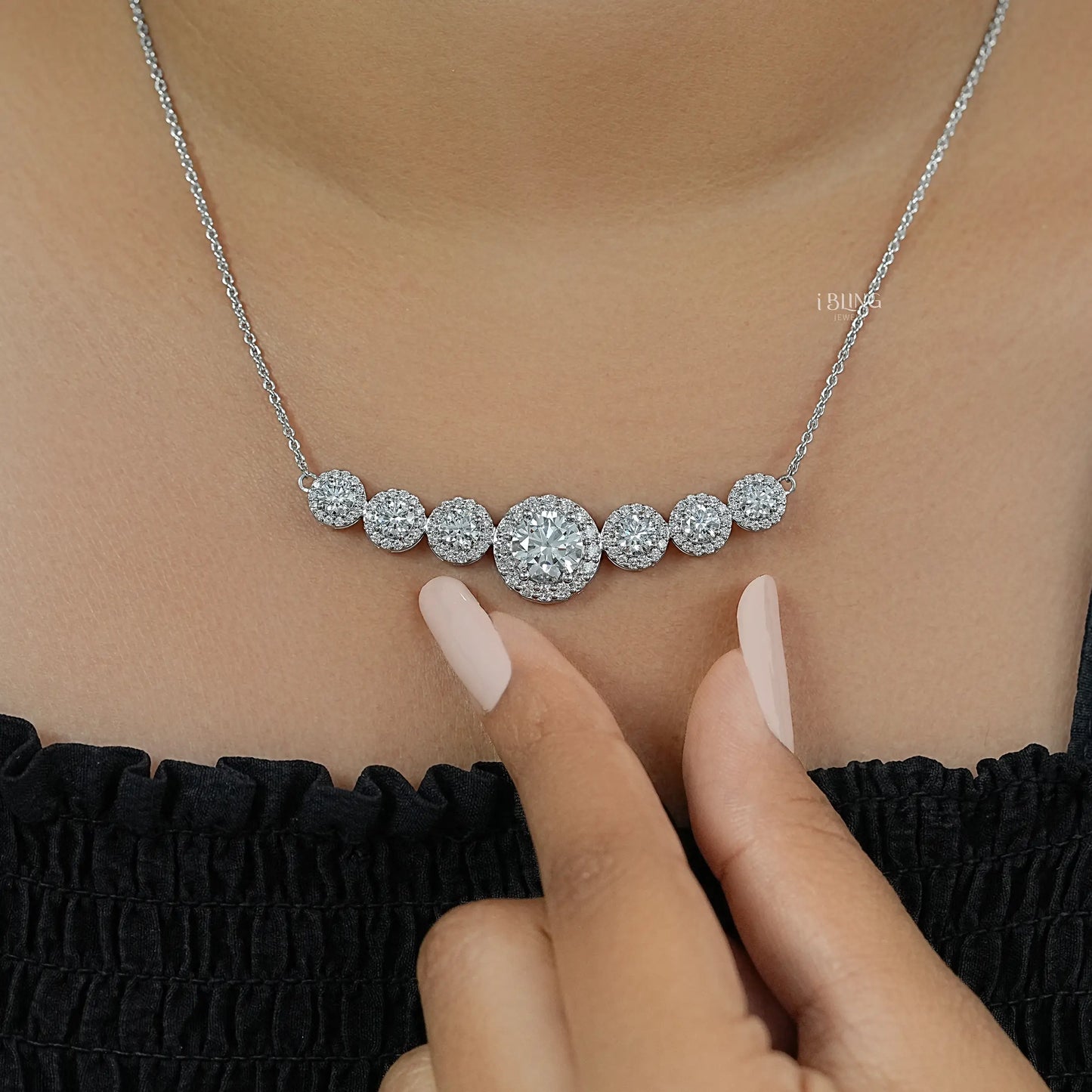 Seven Stone Round Diamond Halo Pendant