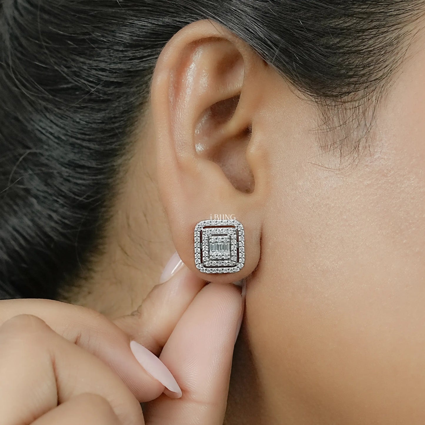 Round & Baguette Diamond Cluster Stud Earring