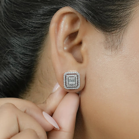 Round & Baguette Diamond Cluster Stud Earring